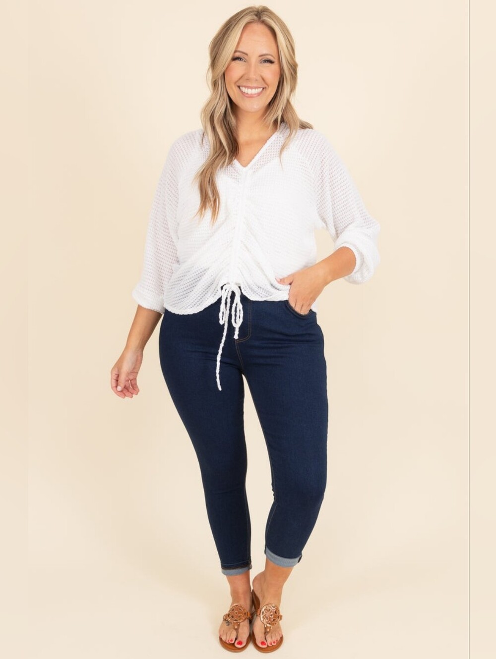 Chic Soul White Waffle Knit Ruched Drawstring Sweater Top Plus Size 3x